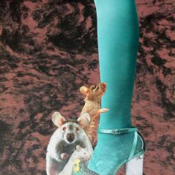Leg1 (teal), collage on patterned book page, 28 x 20 cm, 2023